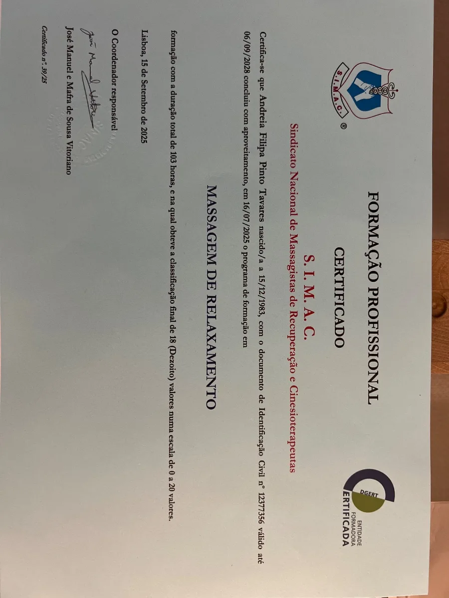 Certificado formação profissional de massagem
